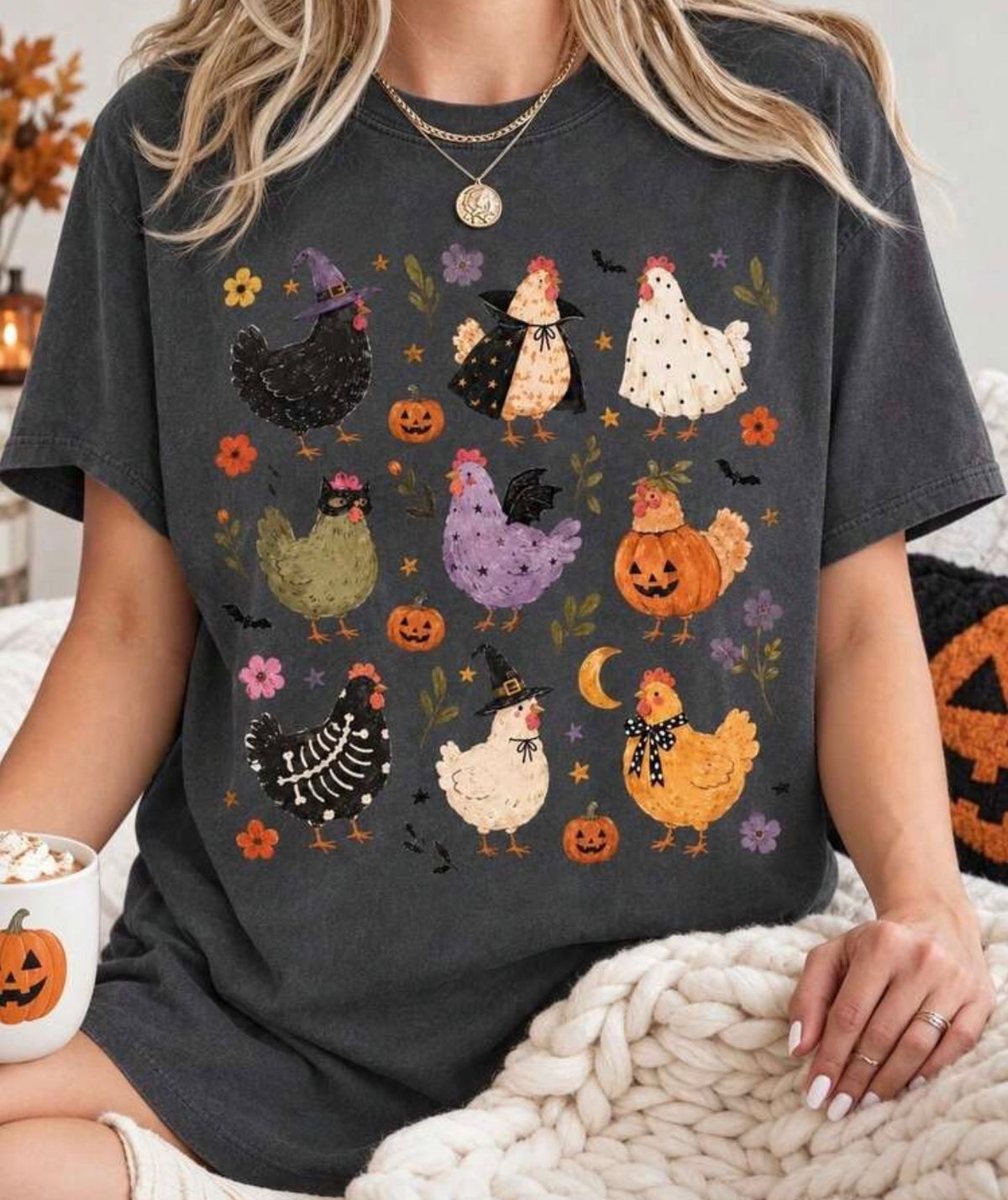 Halloween Chicken Witch and Pumpkin Graphic Tee