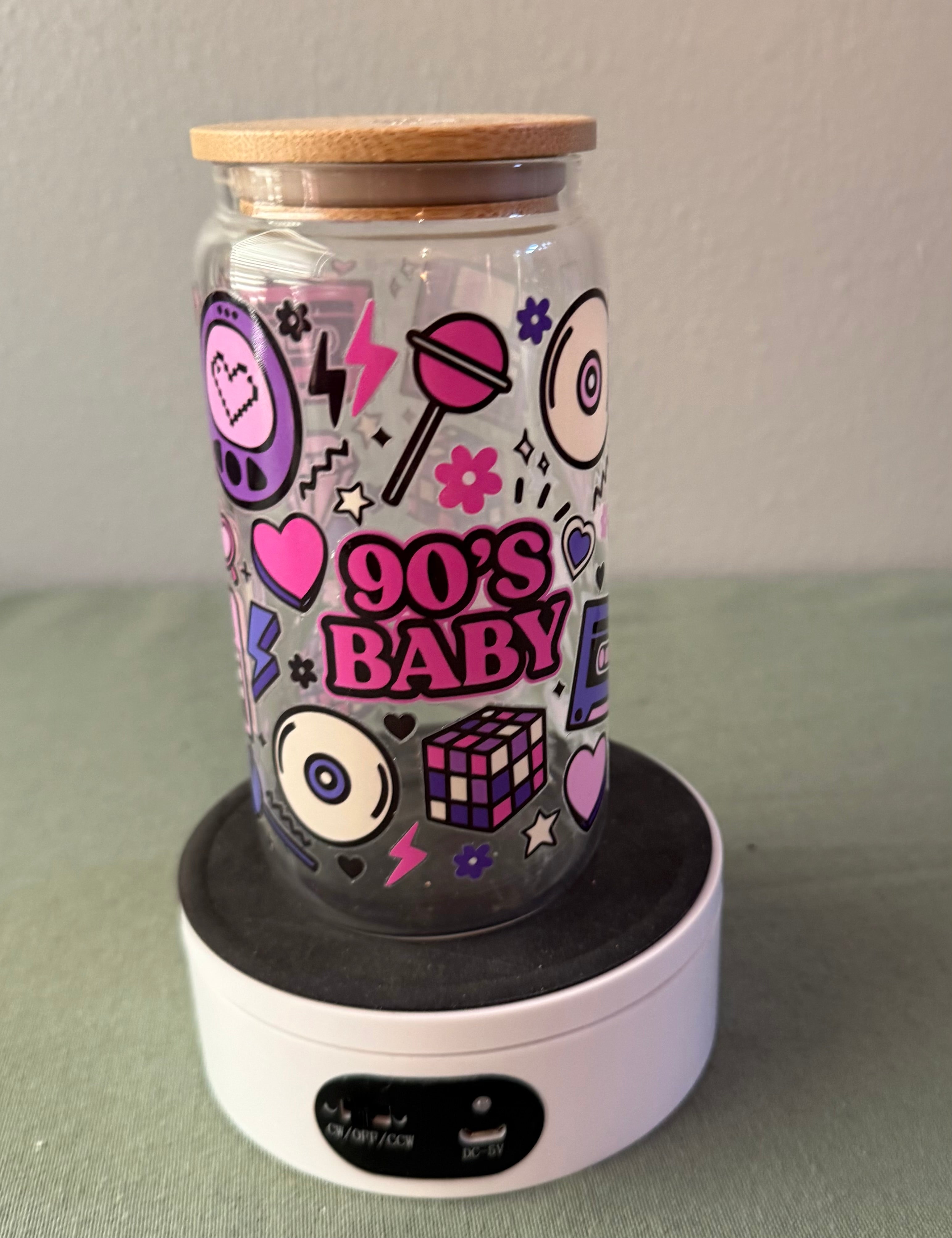 90’s Baby Glass tumbler with lid and straw