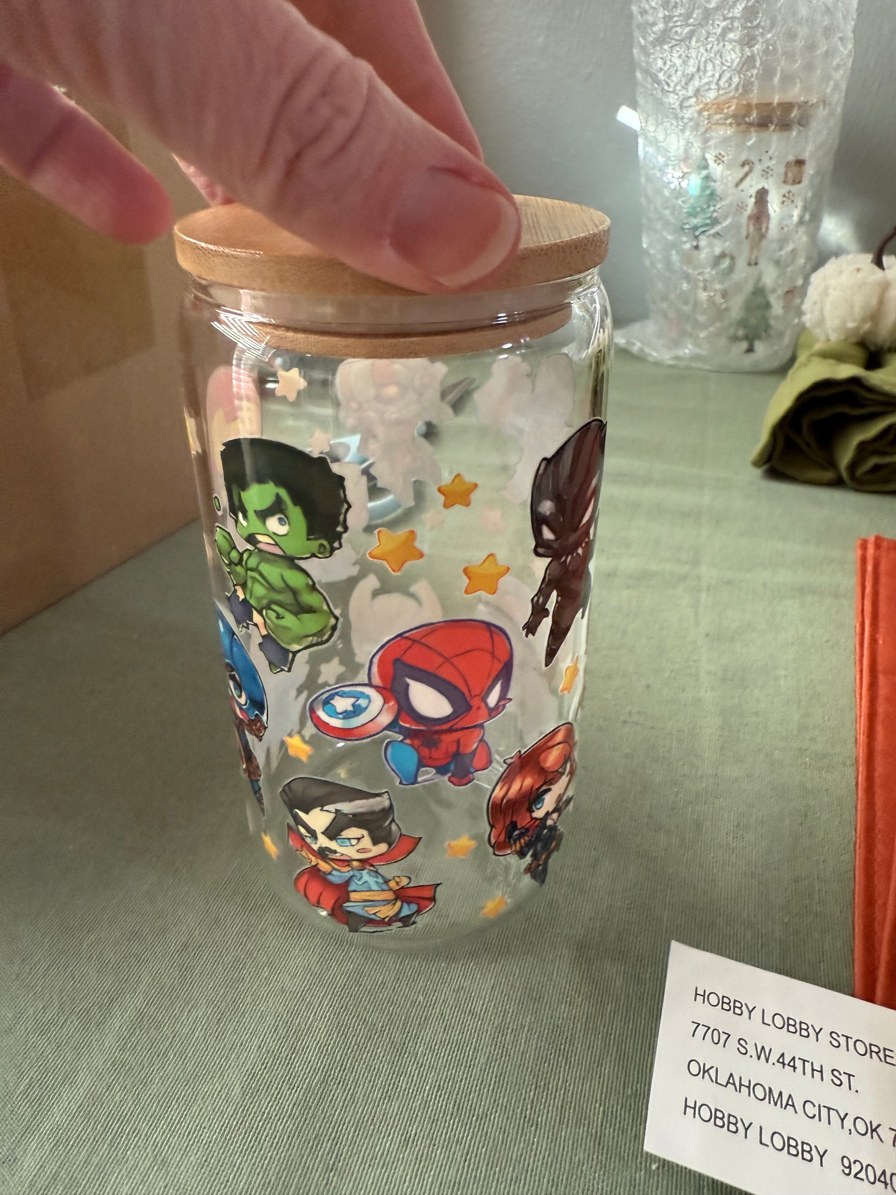 Avengers Glass Tumbler with lid and straw