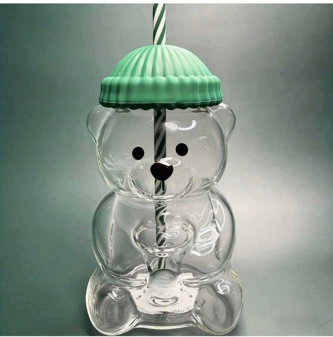 Mini Bear Shaped Glass Cup with green hat lid and straw